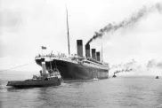 The R.M.S. Titanic leaving Belfast. The ship had a cat, Jenny, who served as its mascot.