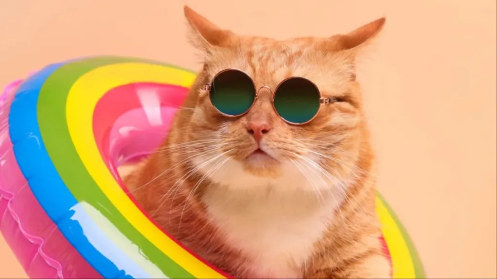 A cat with swim ring wearing sunglasses, like the overweight rescue cat who is trying to shed weight through swimming.