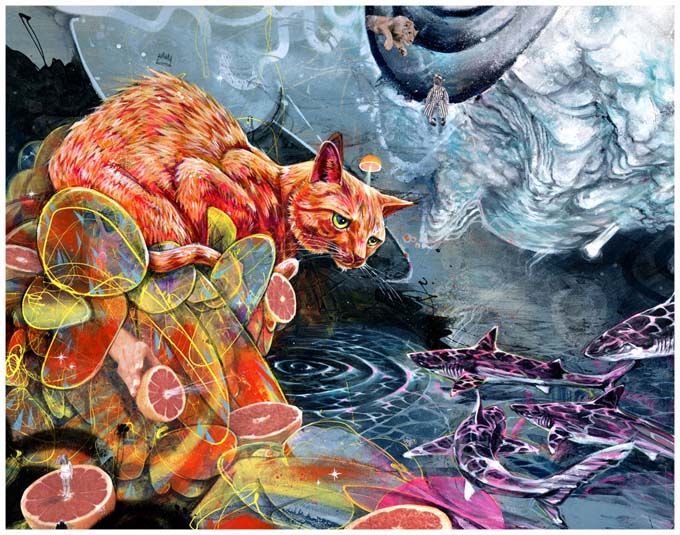 Surreal Cat With Sharks And Grapefruit